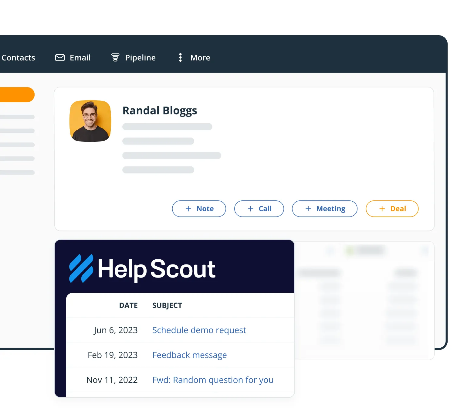 The Help Scout widget on a OnePageCRM Contact Page, listing conversations with their dates and subjects.