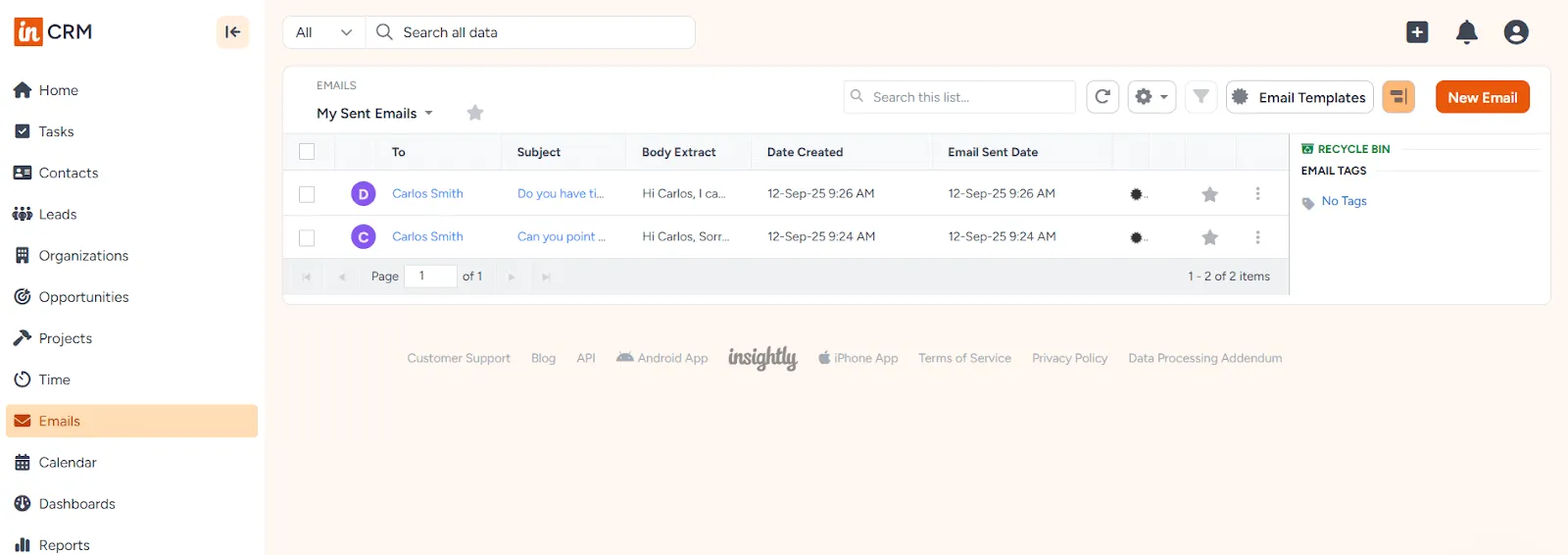 insightly crm email records
