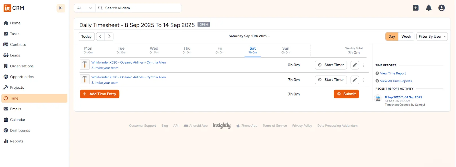 insightly crm time tracker