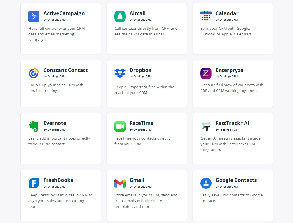 OnePageCRM integrations with popular small business apps