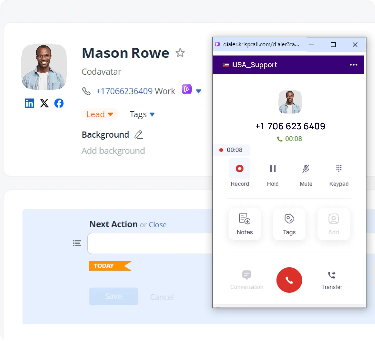 A KrispCall call in progress with the contact’s OnePageCRM details on screen.