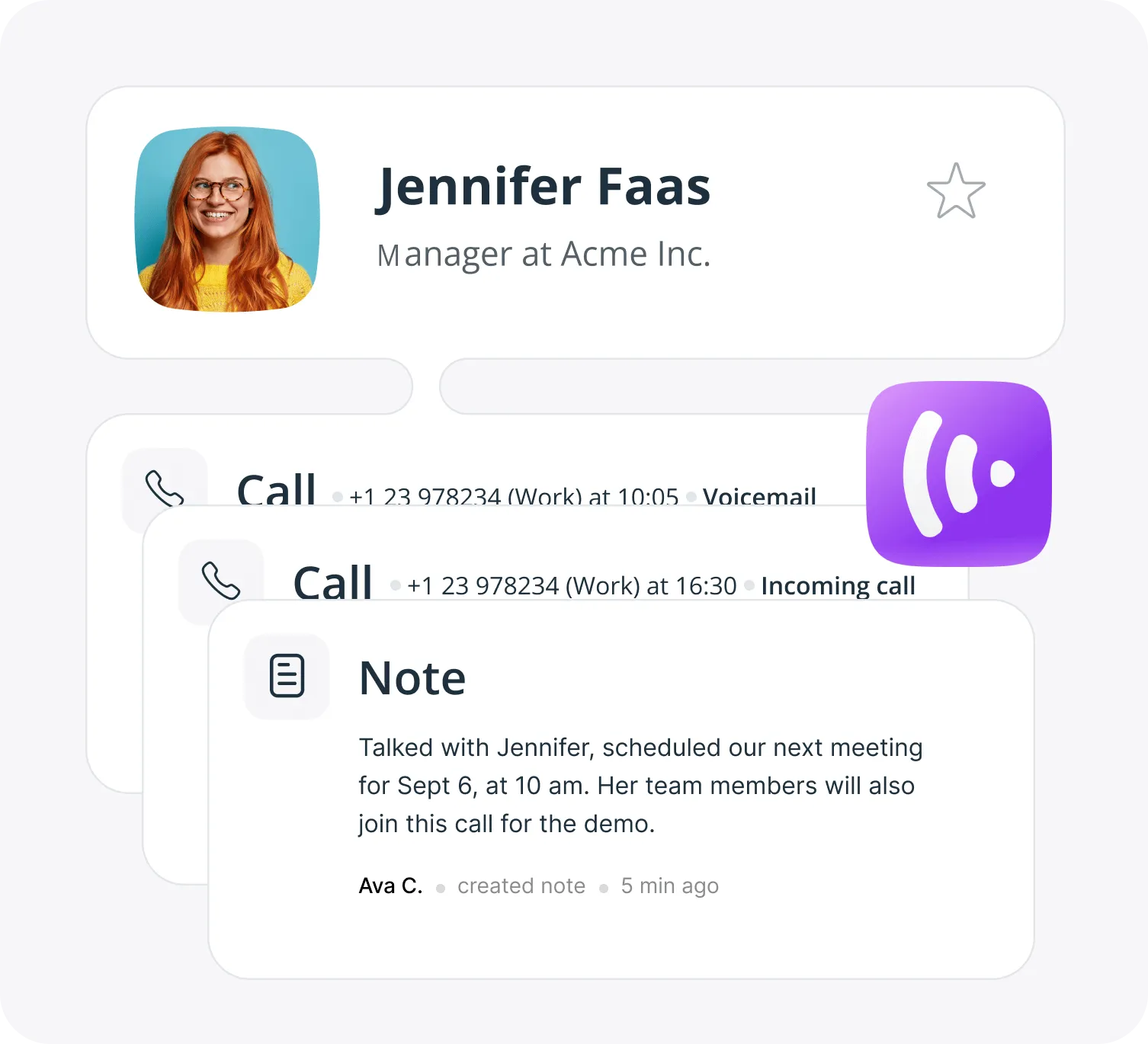 A call note from KrispCall on a OnePageCRM contact profile.
