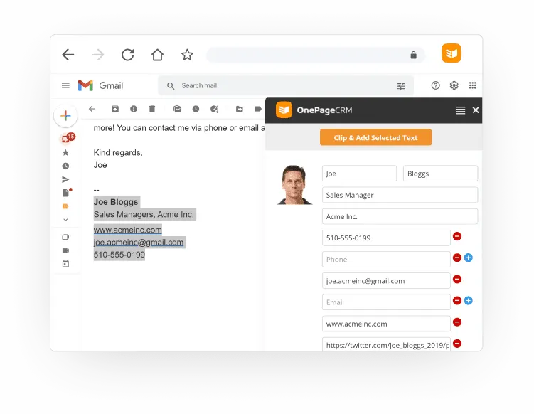 The Lead Clipper panel in a browser, capturing a contact’s details from an email signature.