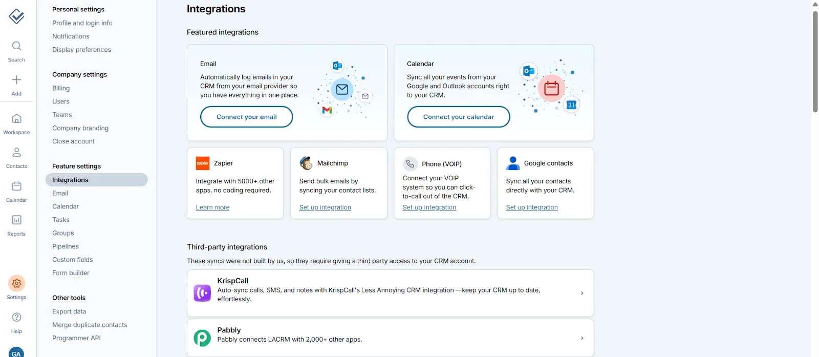 integrations in less annoying crm