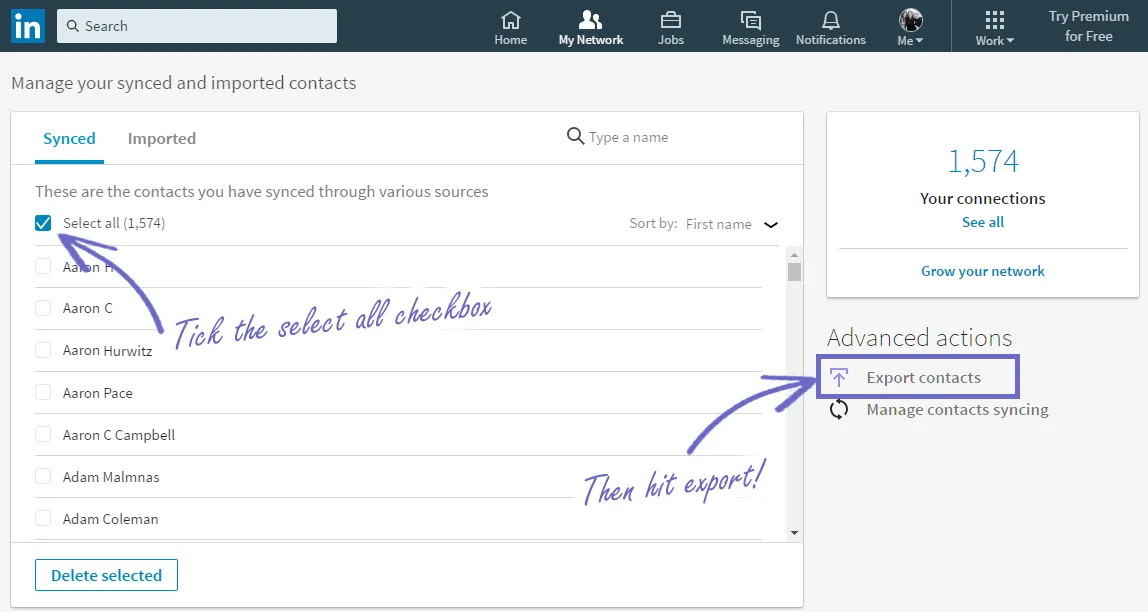 select all and export contacts