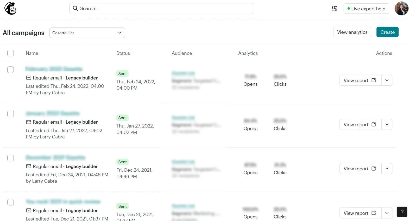 marketing campaign list in mailchimp