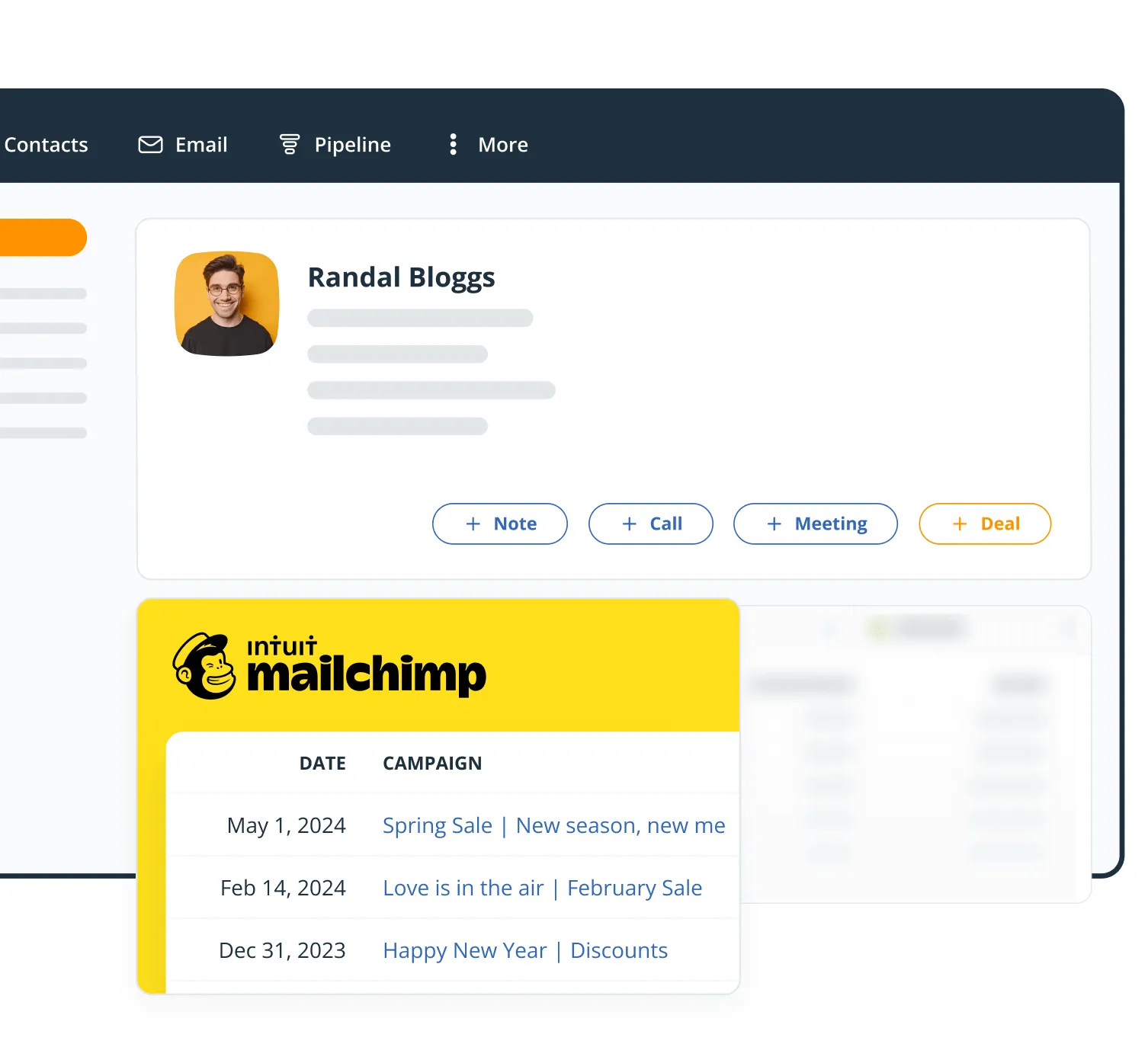 A OnePageCRM Contact Page with a Mailchimp widget listing three campaigns the contact received.