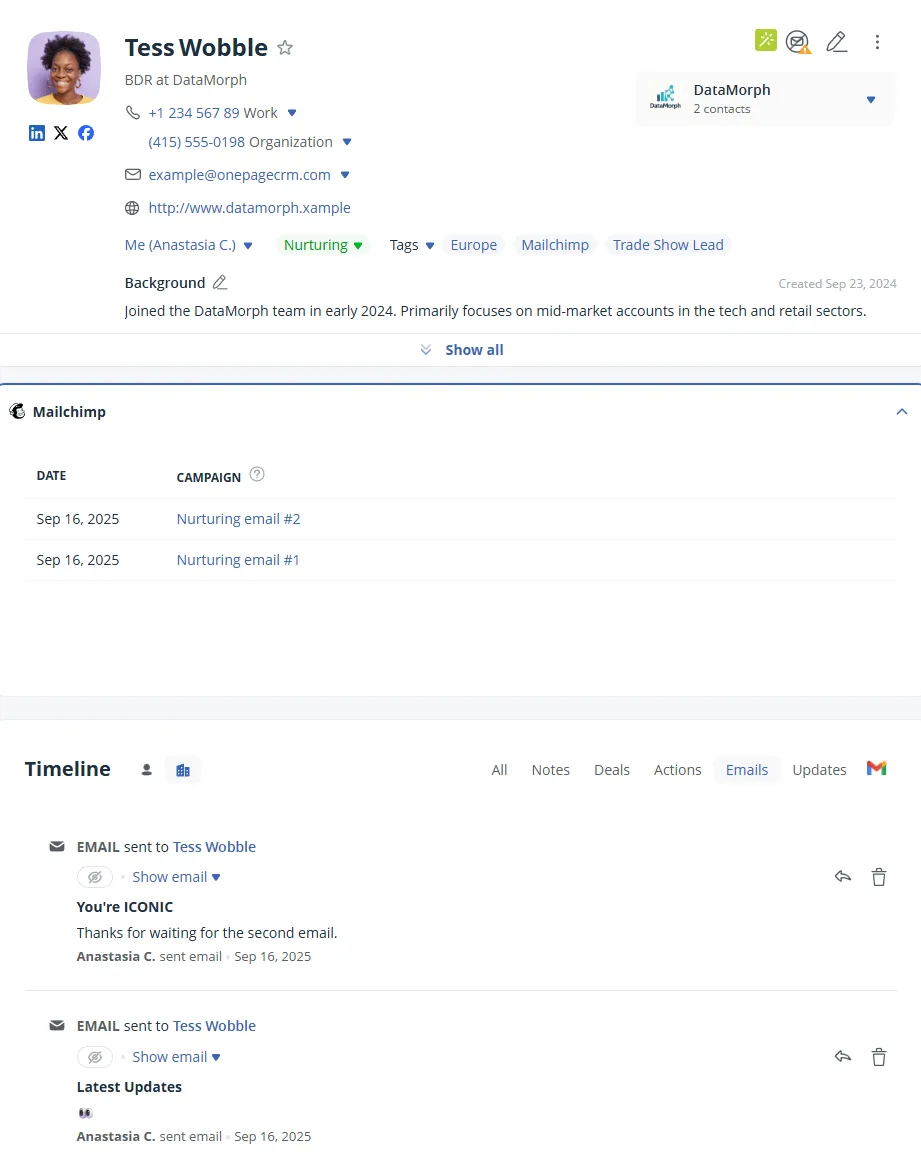mailchimp email history visible in onepagecrm