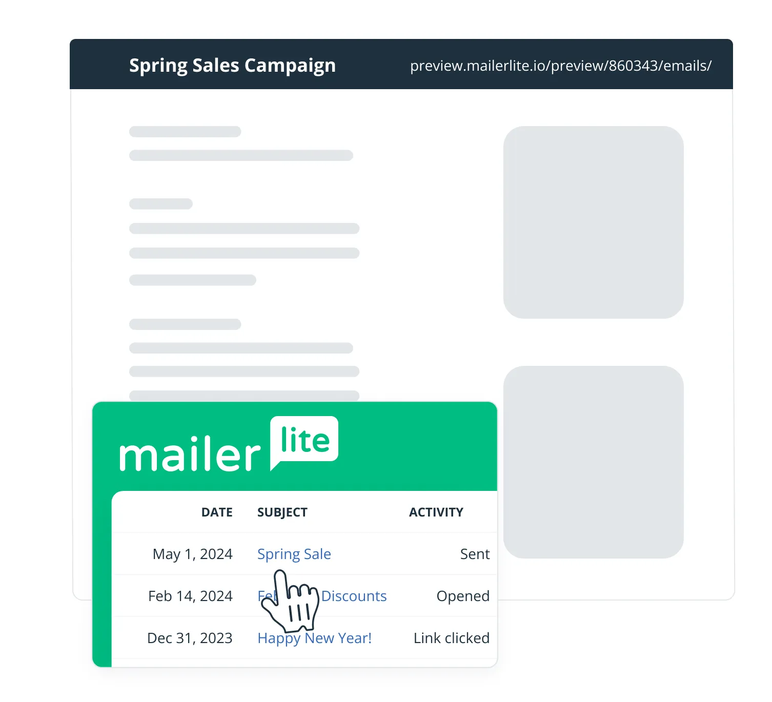 A MailerLite campaign opened from the widget on a OnePageCRM contact profile.