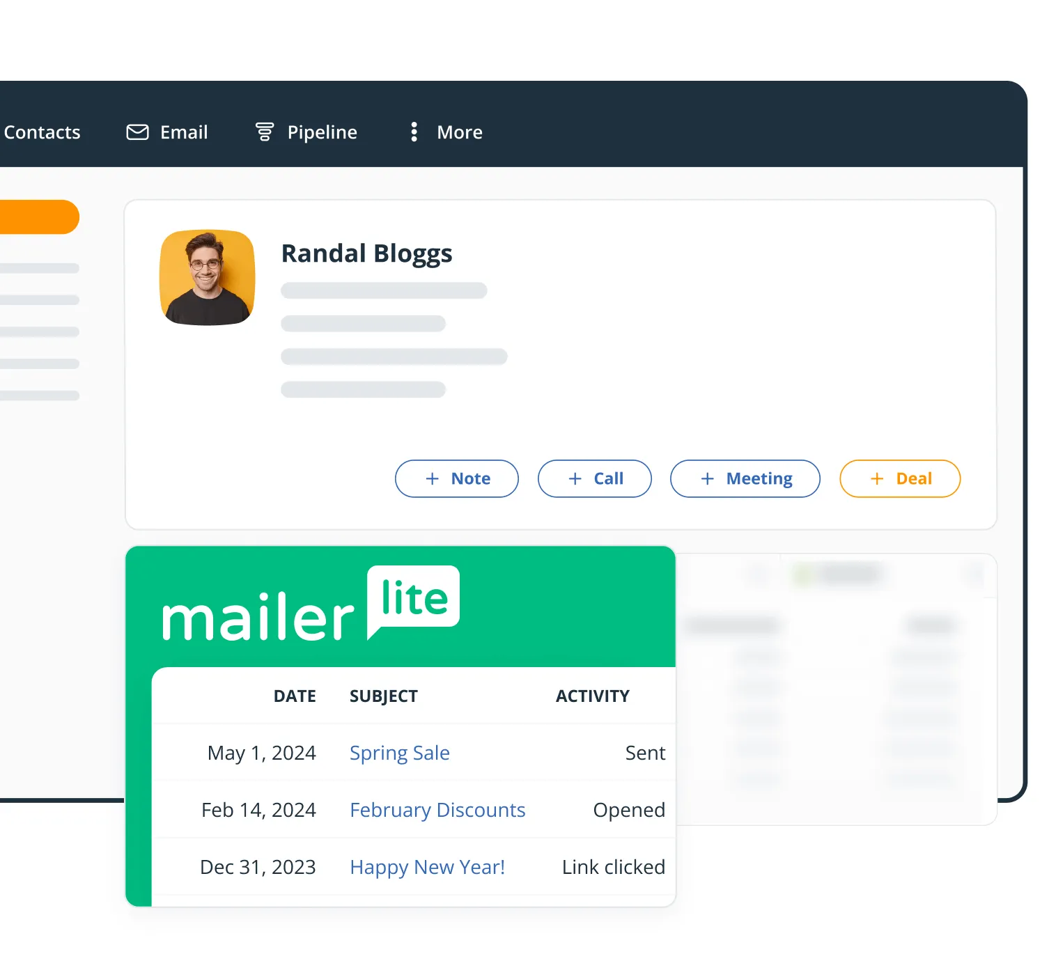 The MailerLite widget on a OnePageCRM contact profile, listing emails with their activity.