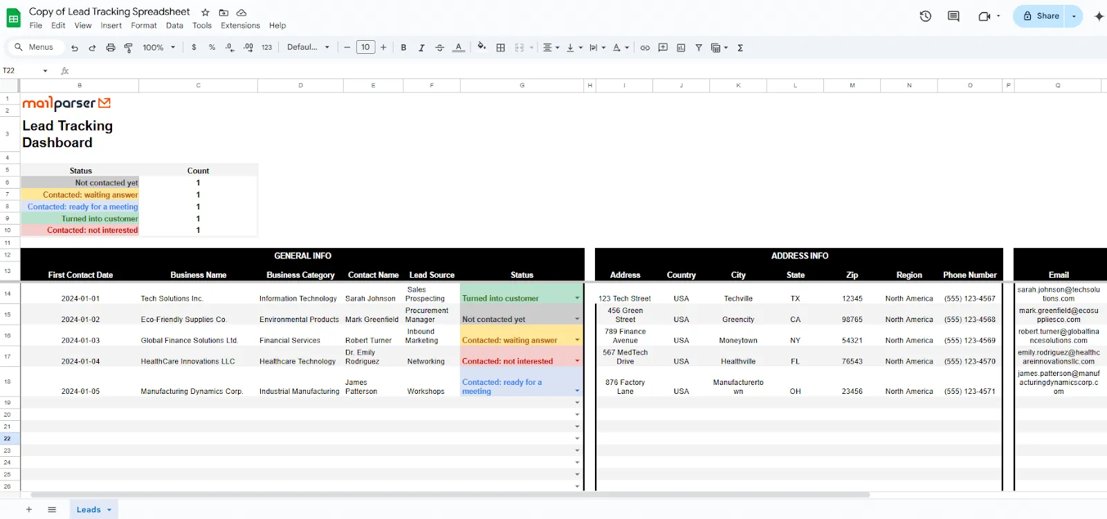 free lead tracker template by Mailparser
