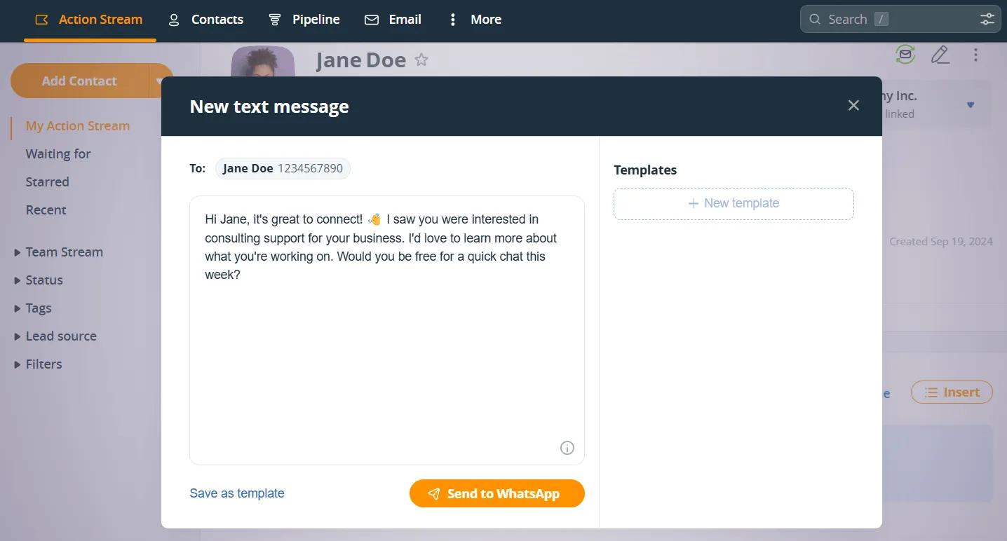 whatsapp message templates in onepagecrm