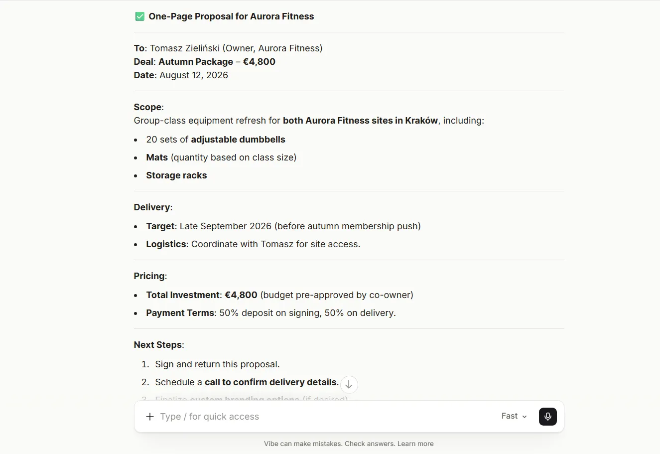mistral ai create document for onepagecrm