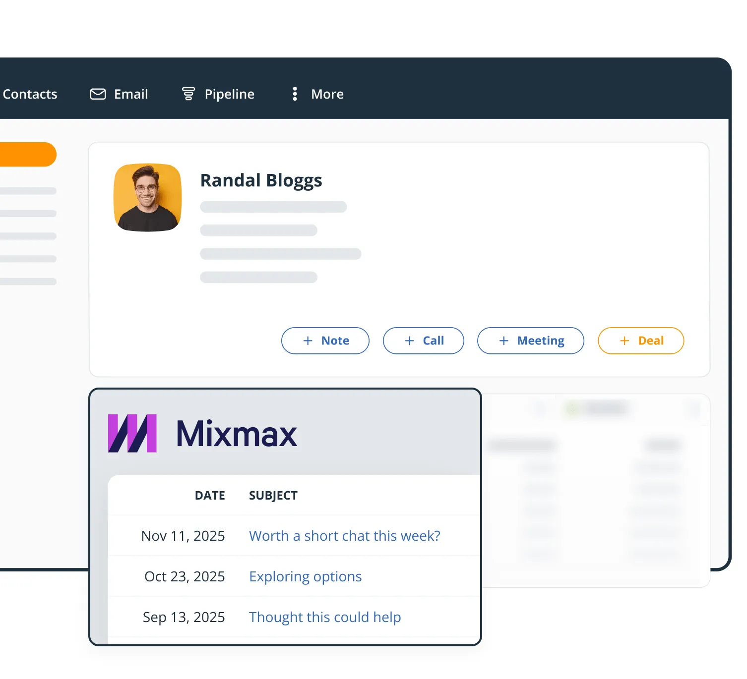 The Mixmax widget on a OnePageCRM contact profile, listing emails with their dates and statuses.