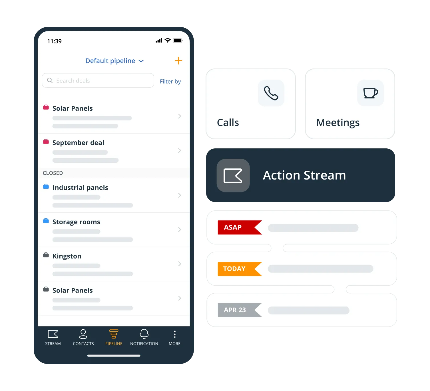 The OnePageCRM app showing a pipeline of deals on a phone, beside tiles for calls, meetings, and the Action Stream