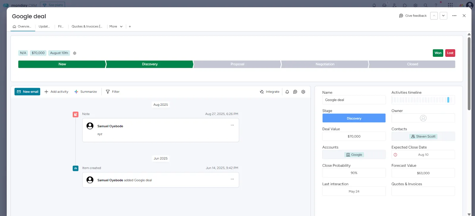 monday crm deal information