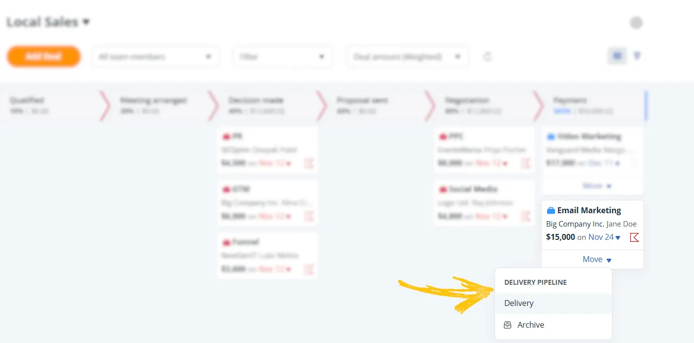 A won deal in the OnePageCRM sales pipeline with its Move menu open on Delivery Pipeline, the option that sends it to the Delivery board