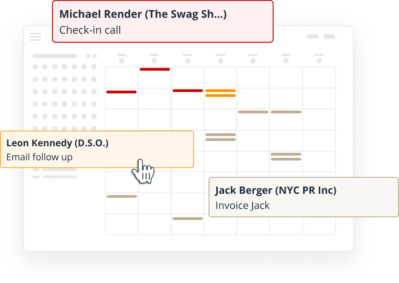 A calendar with OnePageCRM follow-up reminders shown as events, each named for a contact.