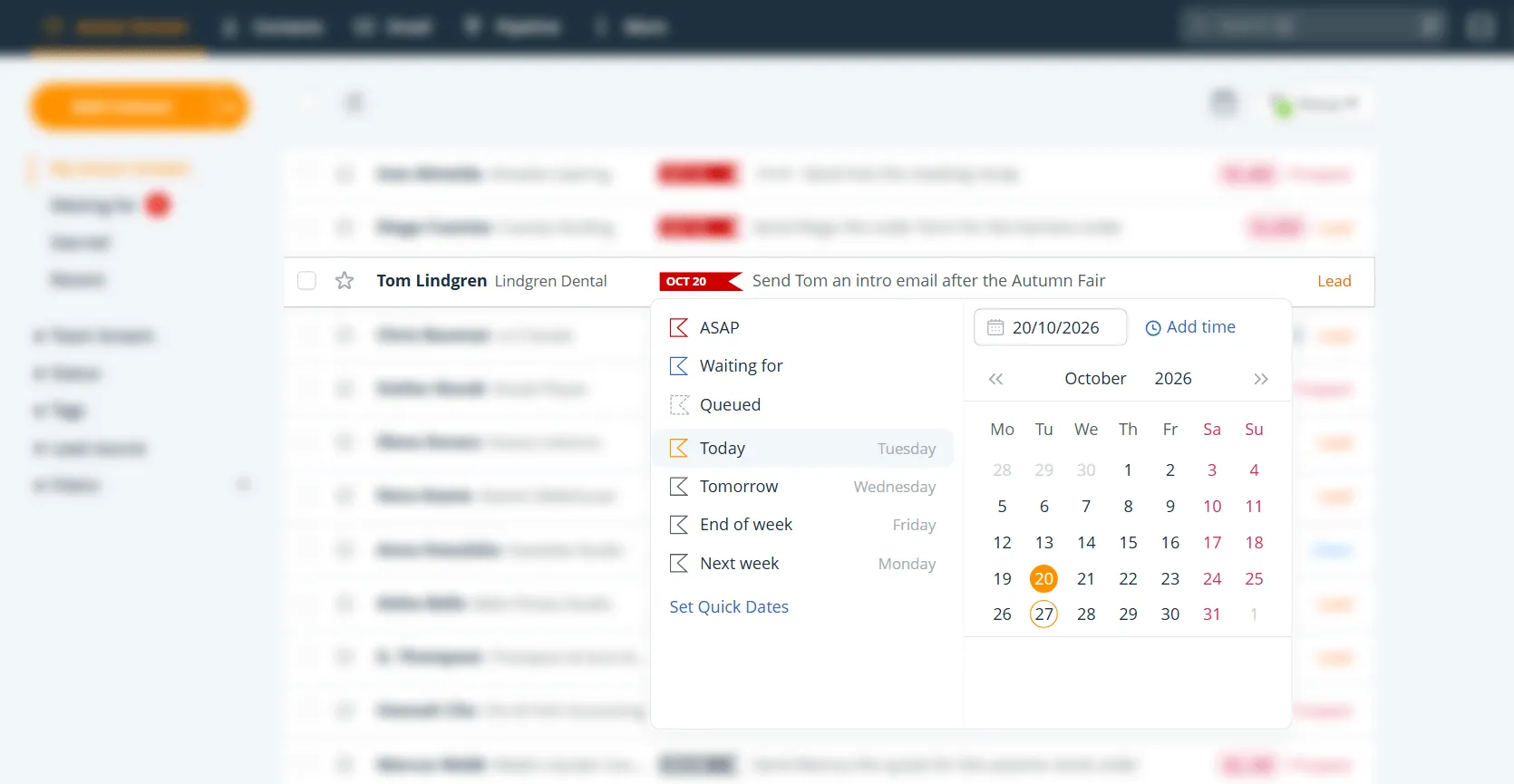 quick due dates in onepagecrm