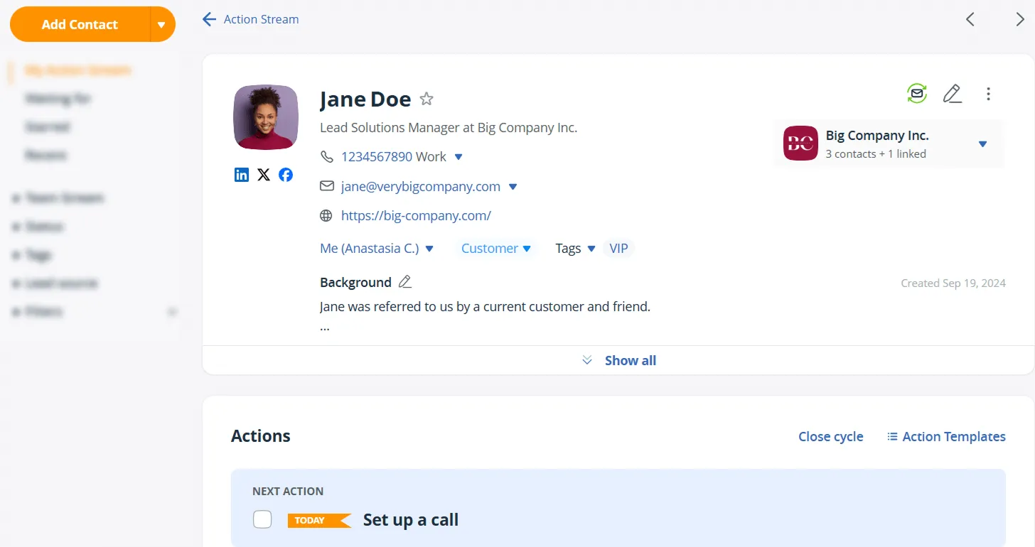 A OnePageCRM contact page with the sidebar faded back so the only lit things are the contact's details and the Next Action, which sits in a pale blue panel labelled NEXT ACTION