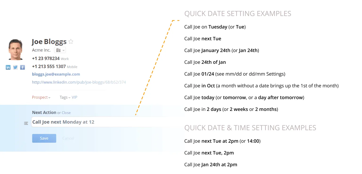 Examples of typing a Next Action date in plain language, such as “Call Joe next Monday at 12”