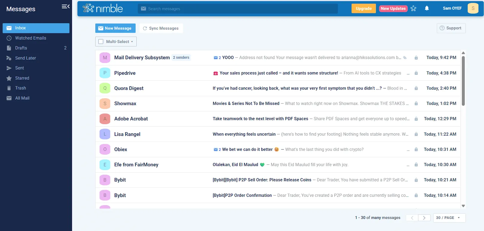 nimble crm syncs personal emails