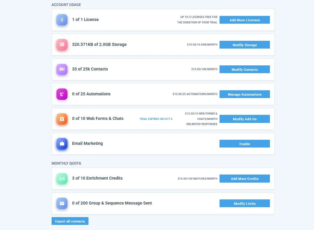 feature limits in nimble crm