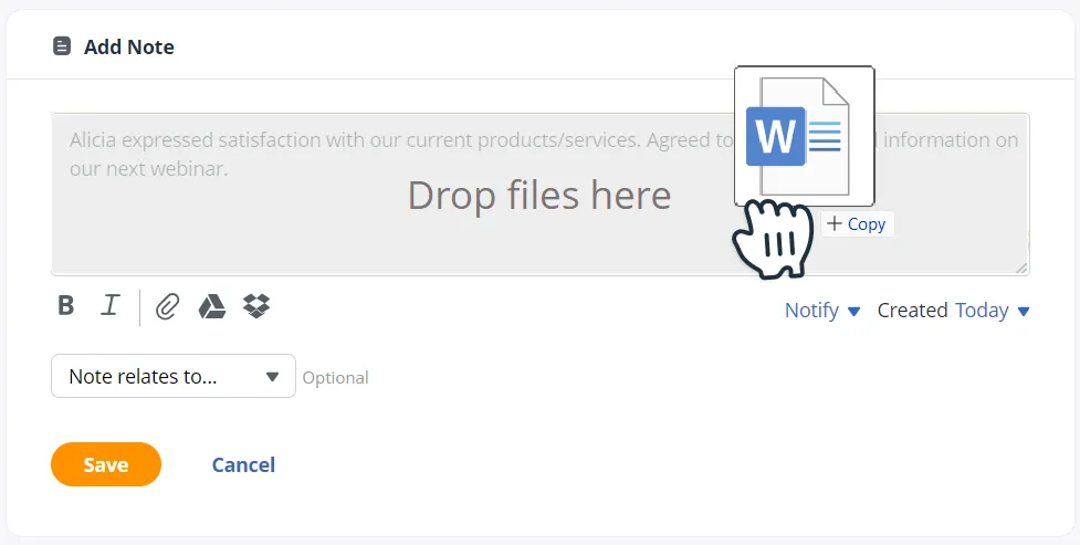 dragging a file into a crm note