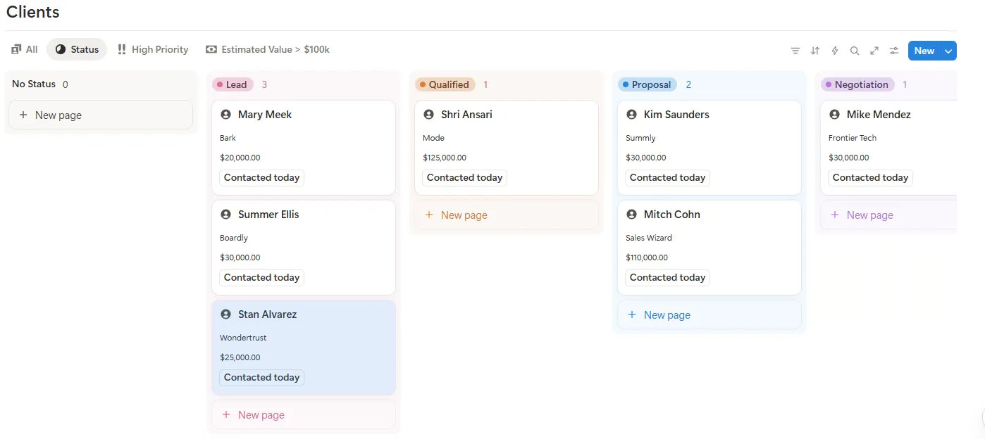 client list notion crm pipeline