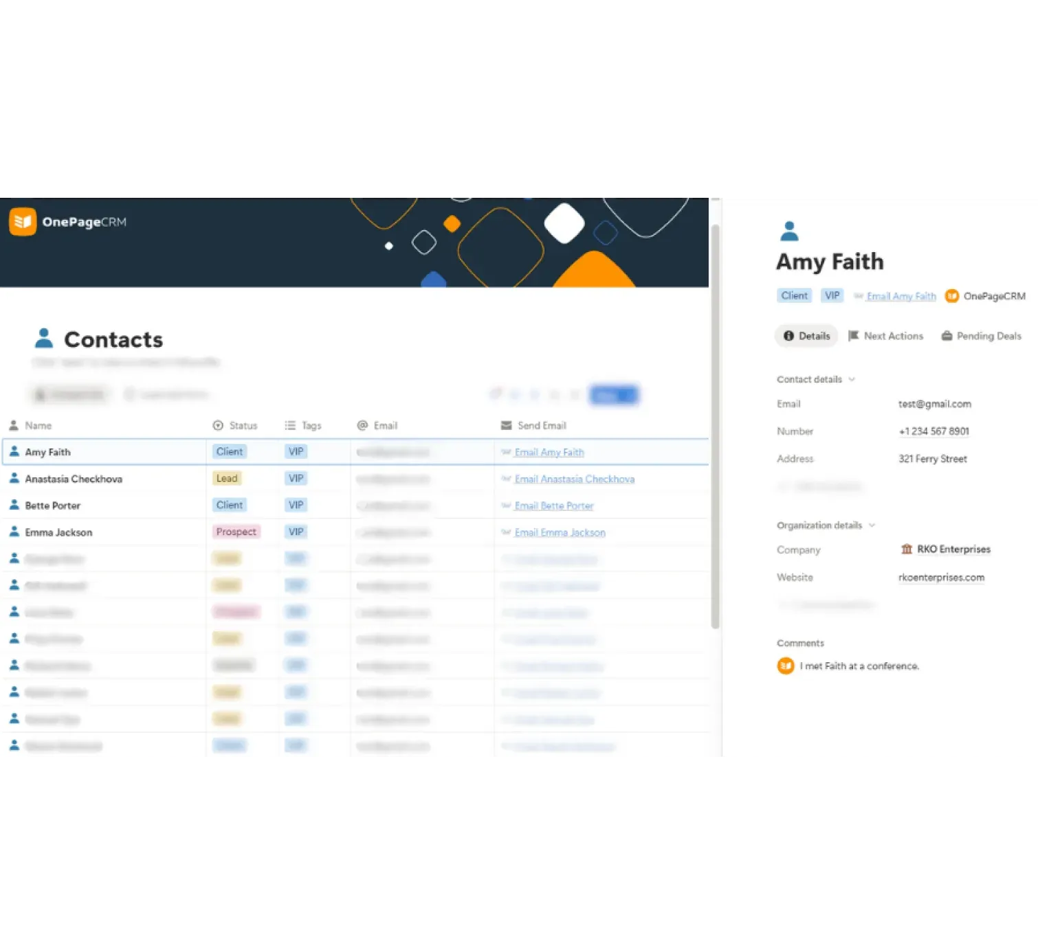 A contact profile in the Notion CRM template, with its next step and deals