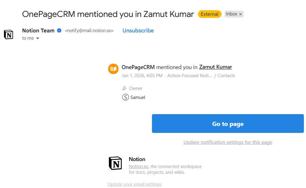 email notification for assignment in notion crm template