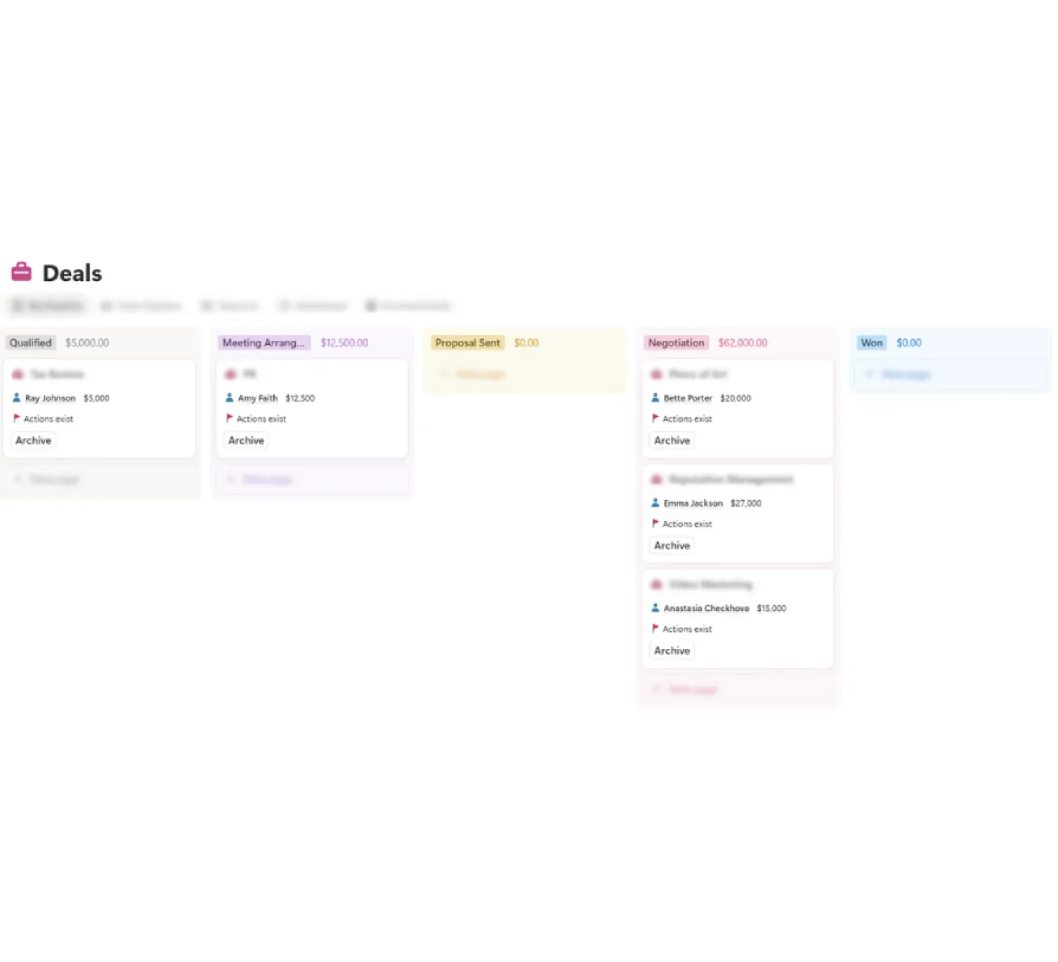 The Notion CRM template’s sales pipeline as a Kanban board of deal stages