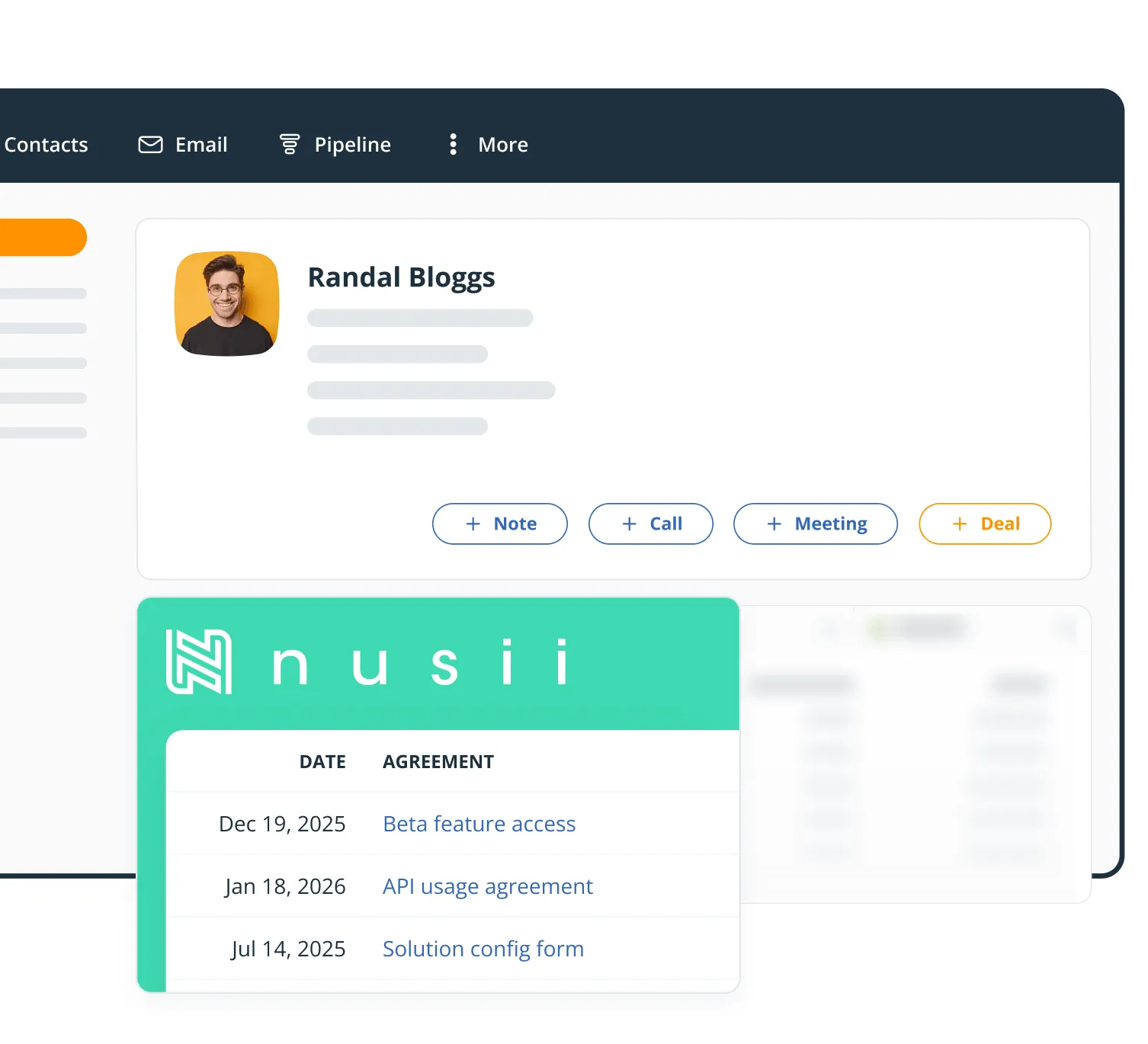 The Nusii widget on a OnePageCRM contact profile, listing proposals with their statuses and amounts.