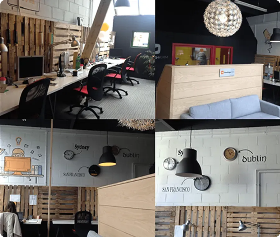 Four views of the new Galway office: pallet walls, hand-drawn murals, and clocks for Sydney, Dublin, and San Francisco