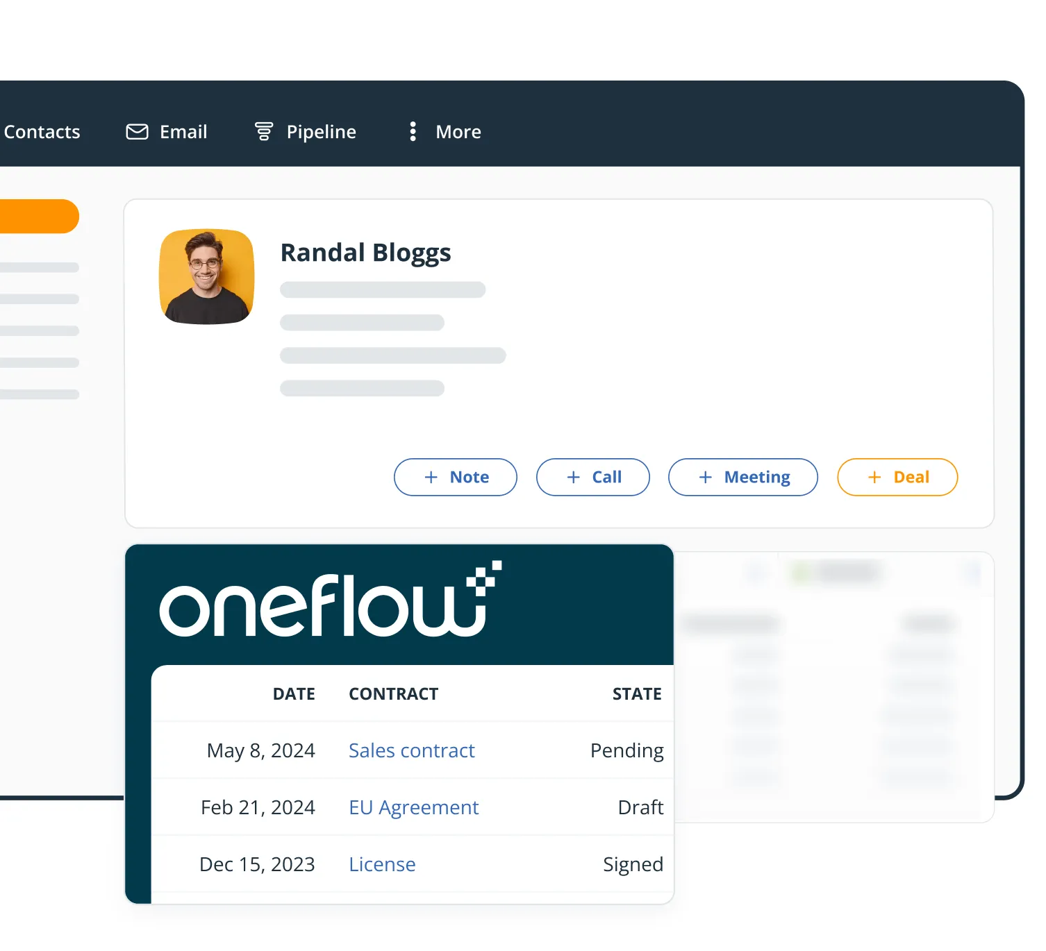 The Oneflow widget on a OnePageCRM contact profile, listing contracts with their dates and states.