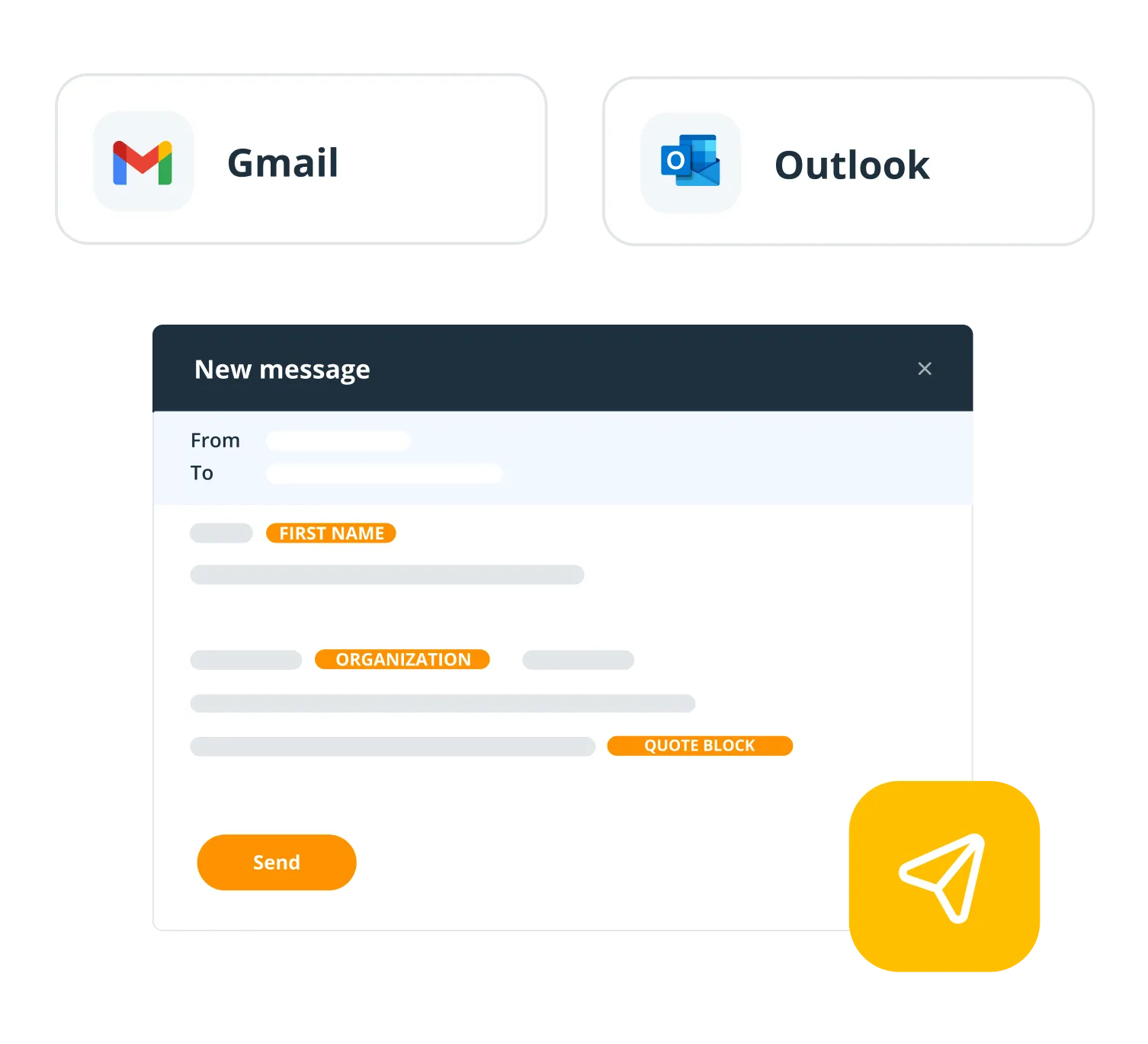 An email drafted in OnePageCRM with template variables, synced with Gmail and Outlook.