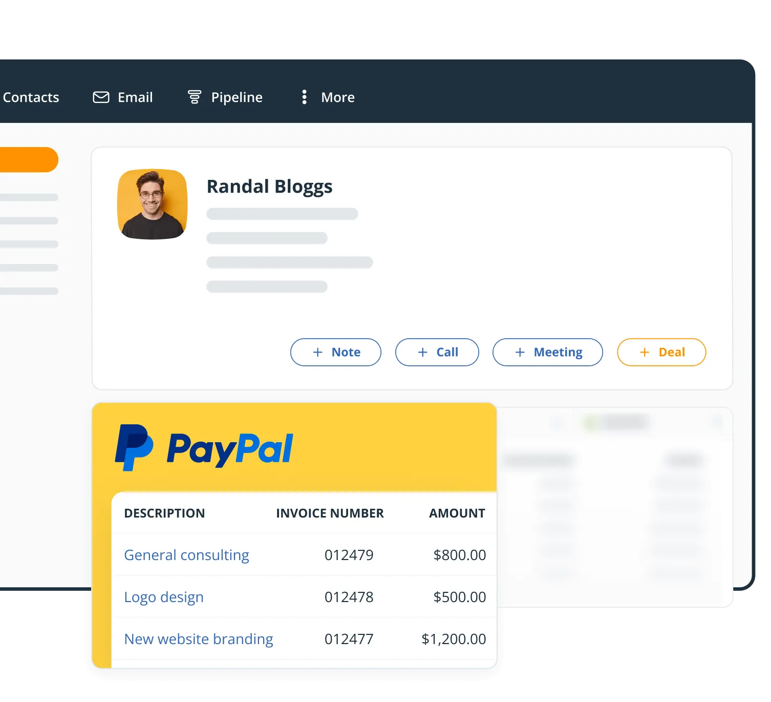 The PayPal widget on a OnePageCRM contact page, listing invoices with their numbers and amounts.
