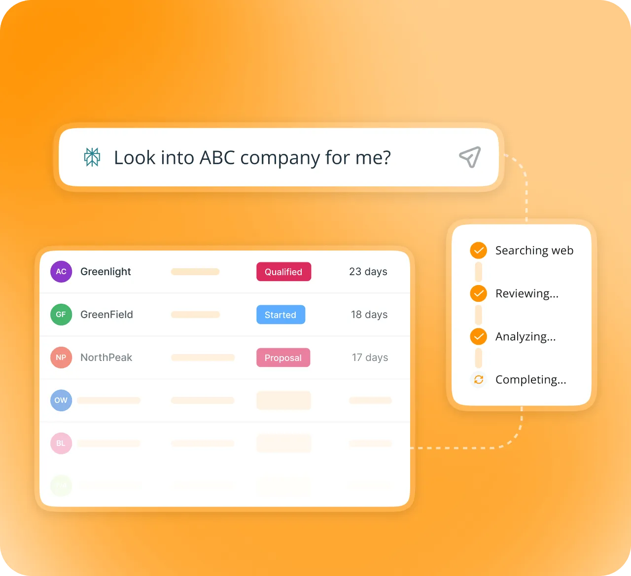 Perplexity researching a company and saving the people it found as OnePageCRM contacts.