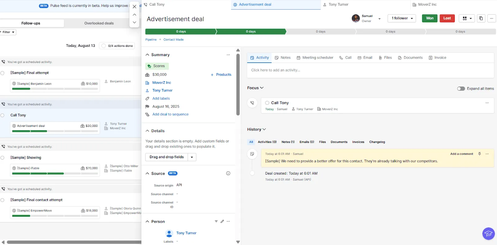 follow-up tracking pipedrive crm
