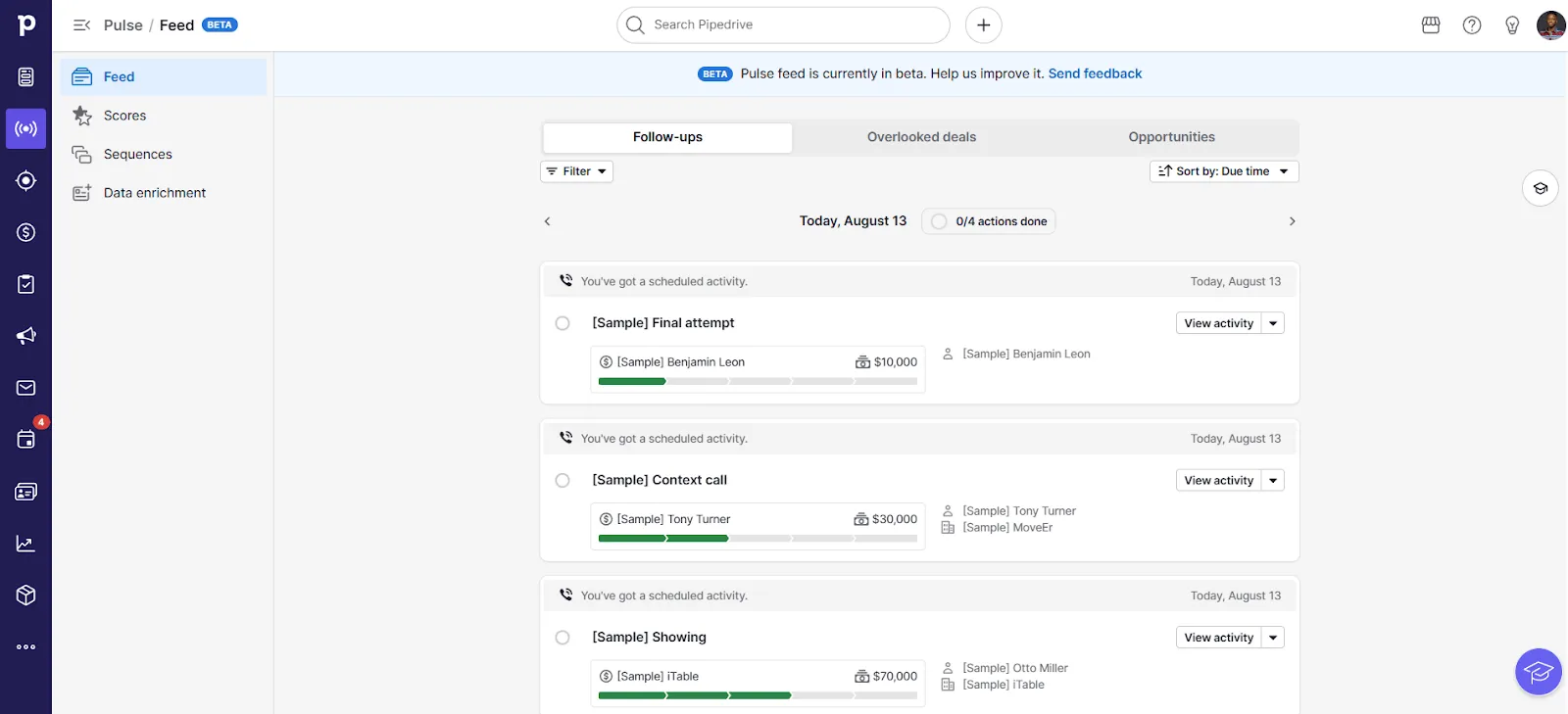 pipedrive crm follow-up feed