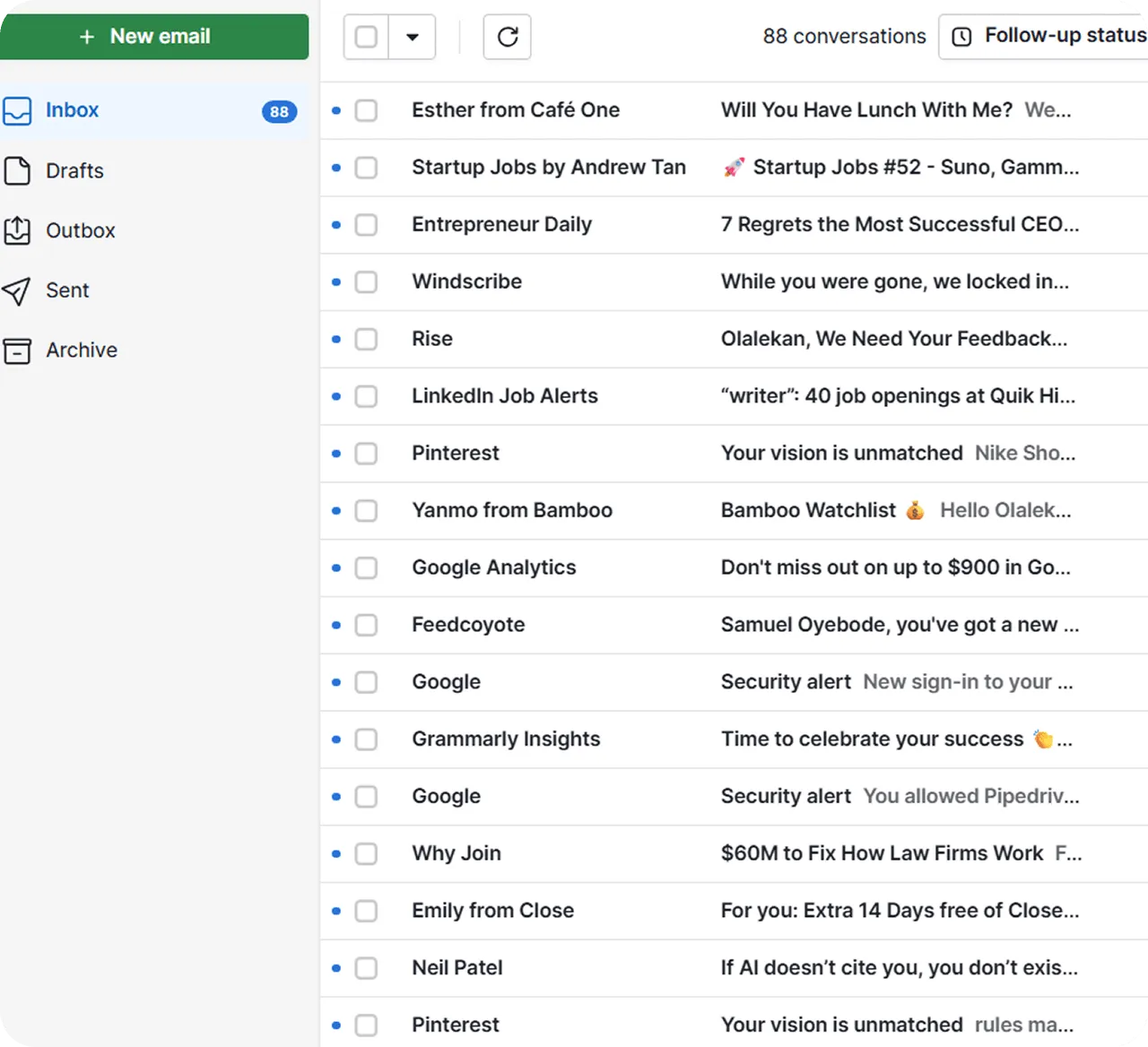 Pipedrive's unfiltered email inbox