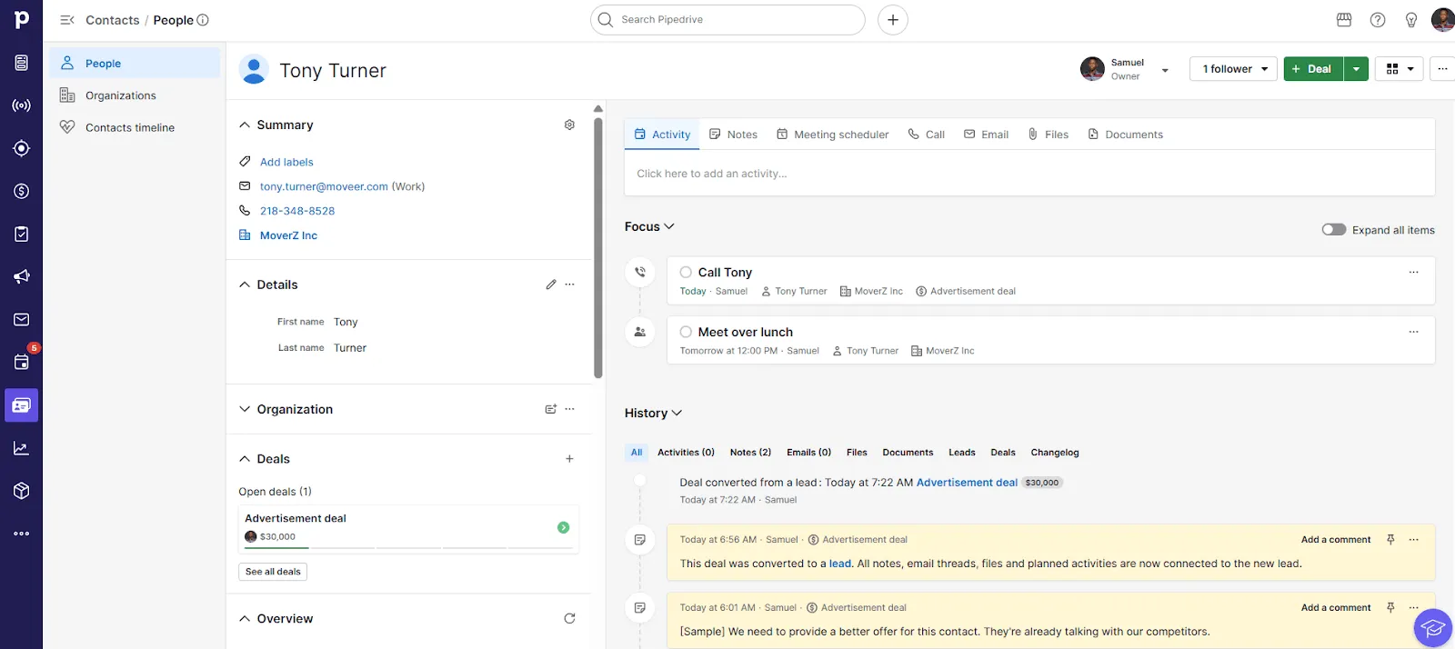 pipedrive crm complete contact info