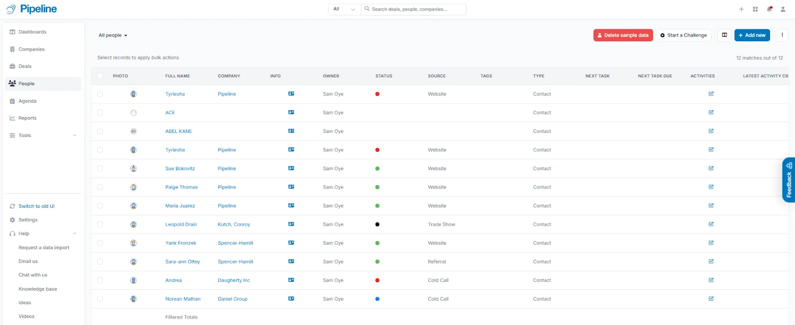 pipeline crm contact list