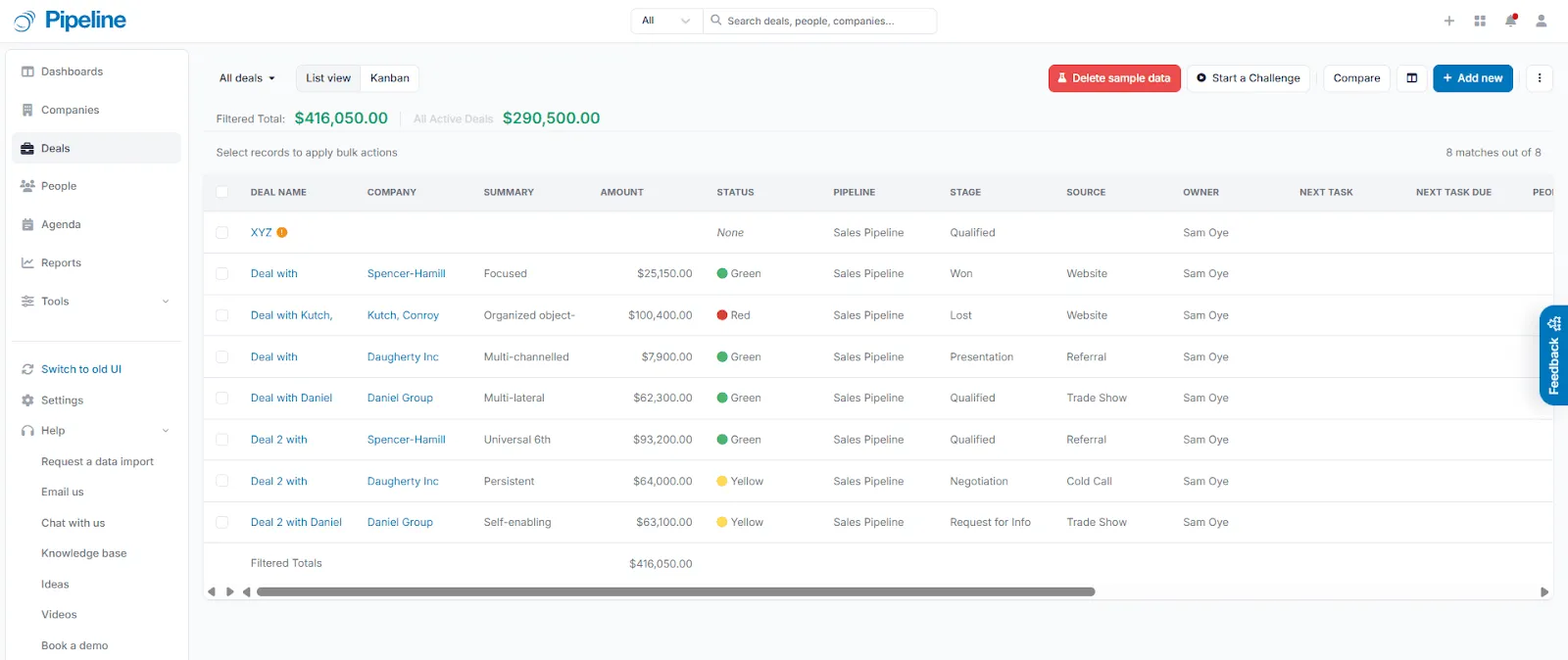 pipeline crm deal list