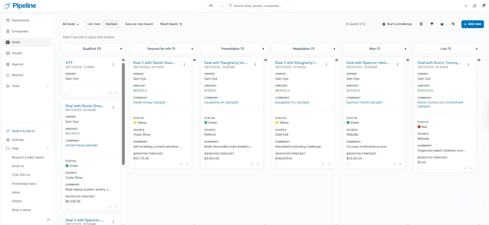 pipeline crm deals in kanban pipeline