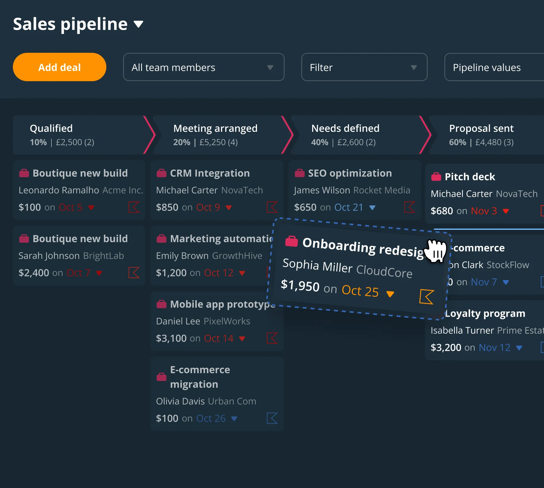 A deal being dragged between stages on the OnePageCRM pipeline