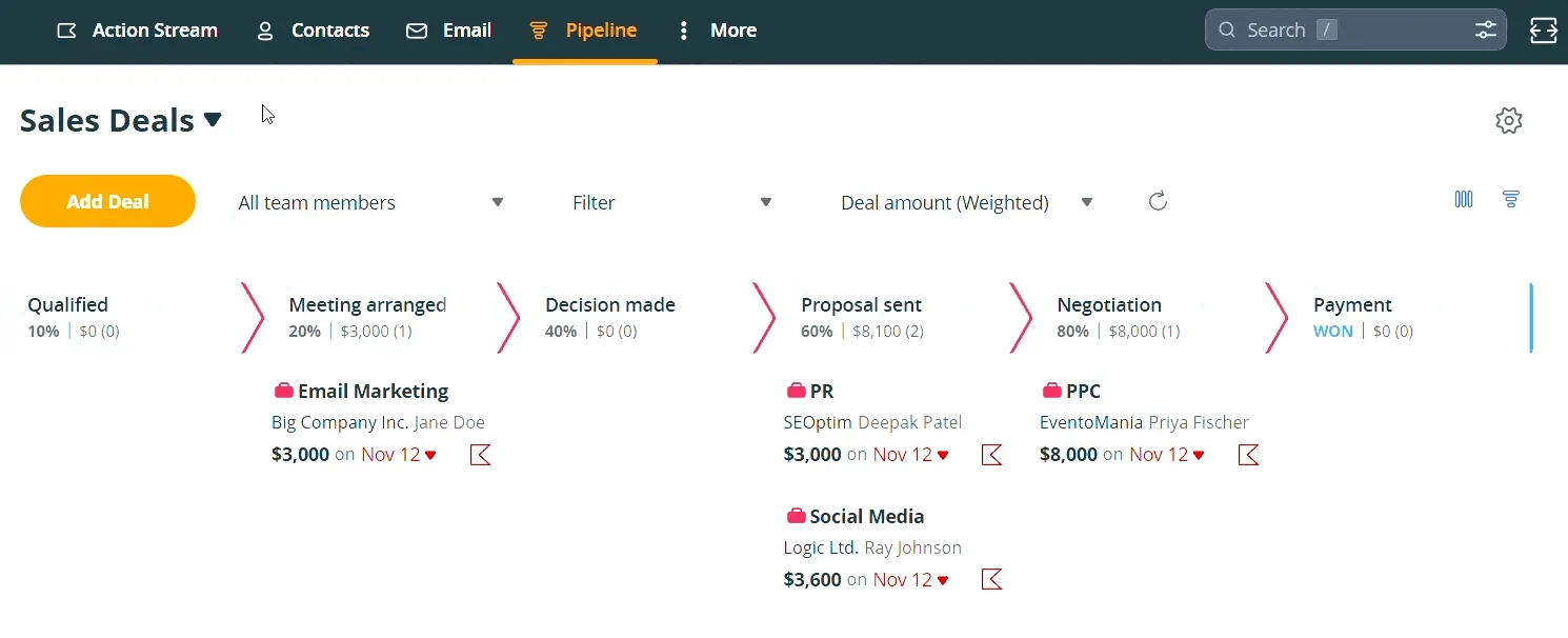 The OnePageCRM Pipeline page switching from the Sales pipeline to the Delivery pipeline and back, without leaving the page