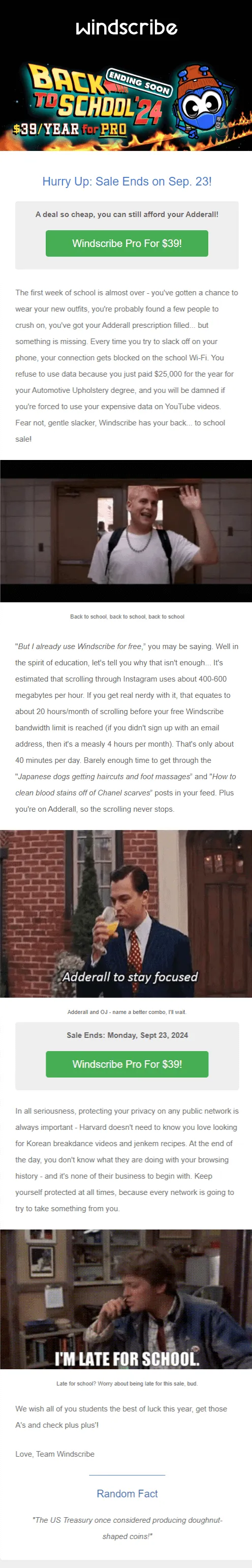 Windscribe back-to-school promotional email