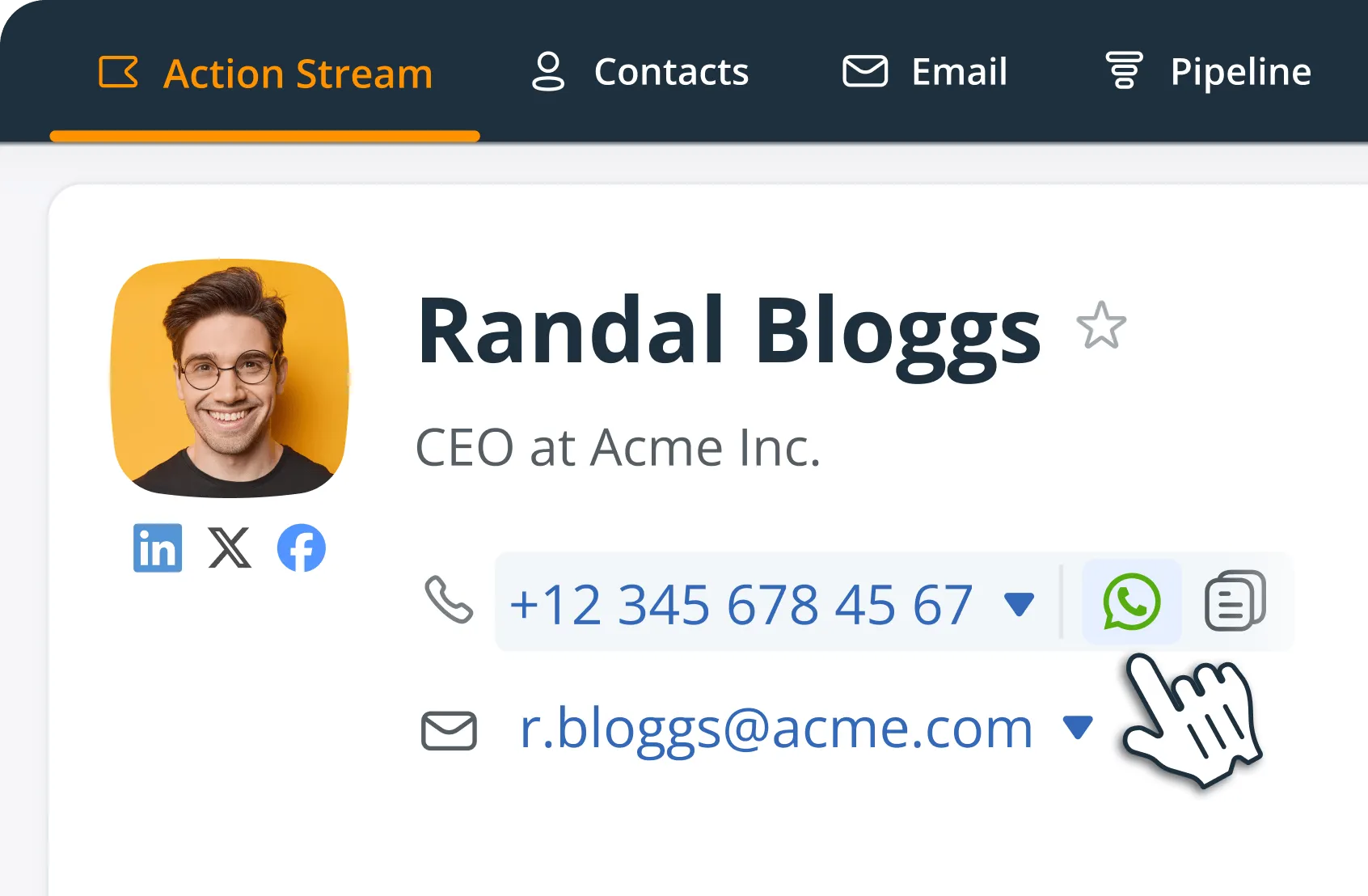 A contact's phone row in OnePageCRM with the Quick Buttons revealed on hover