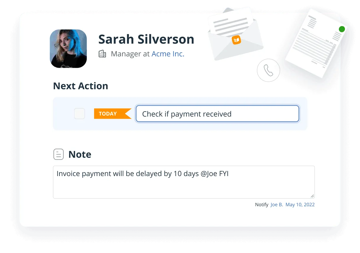 A OnePageCRM contact with a payment-check Next Action and a note tagging a teammate.